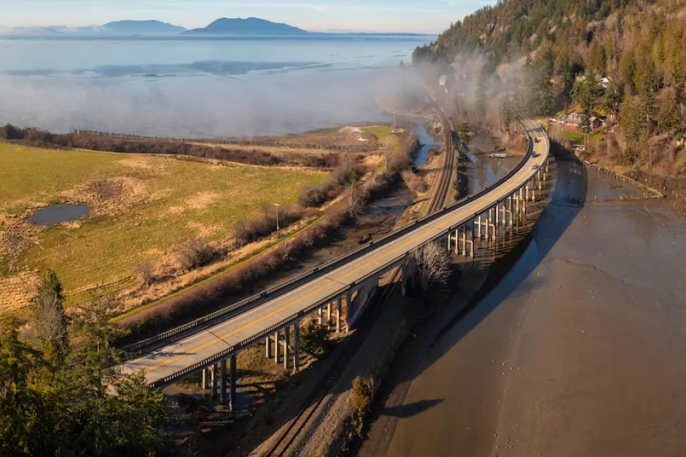 Aerial View of Chuckanut Drive and the Blanchard Bridge in the Skagit Valley.